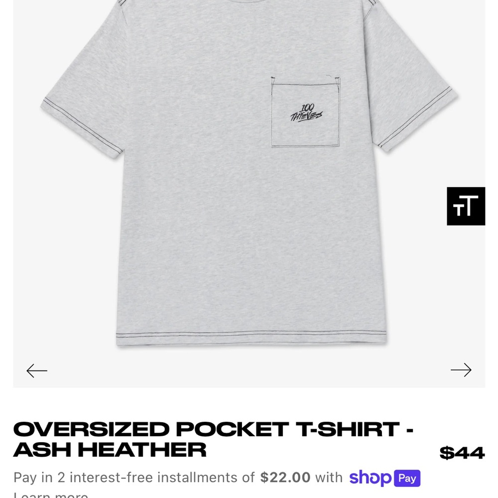 100 Thieves: Gray Oversized Pocket T-Shirt - Brand New